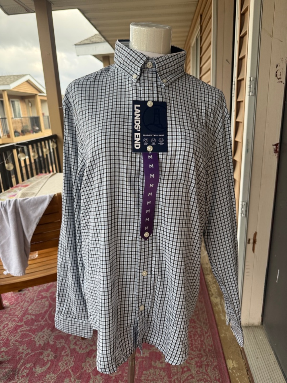 NWT Lands' End Men’s Black and White Windowpane Button-Down Shirt